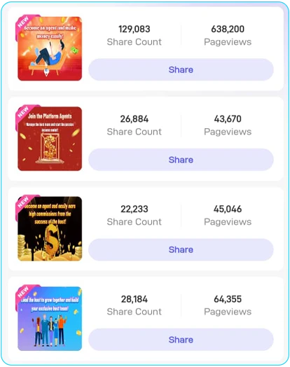 Agent invite screen showing Vone App templates with share counts and pageviews