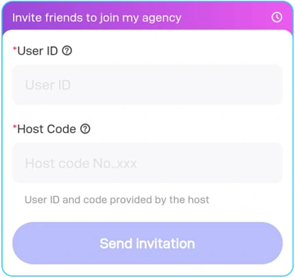 Vone App screen showing the form to invite a host by entering User ID and Host Code